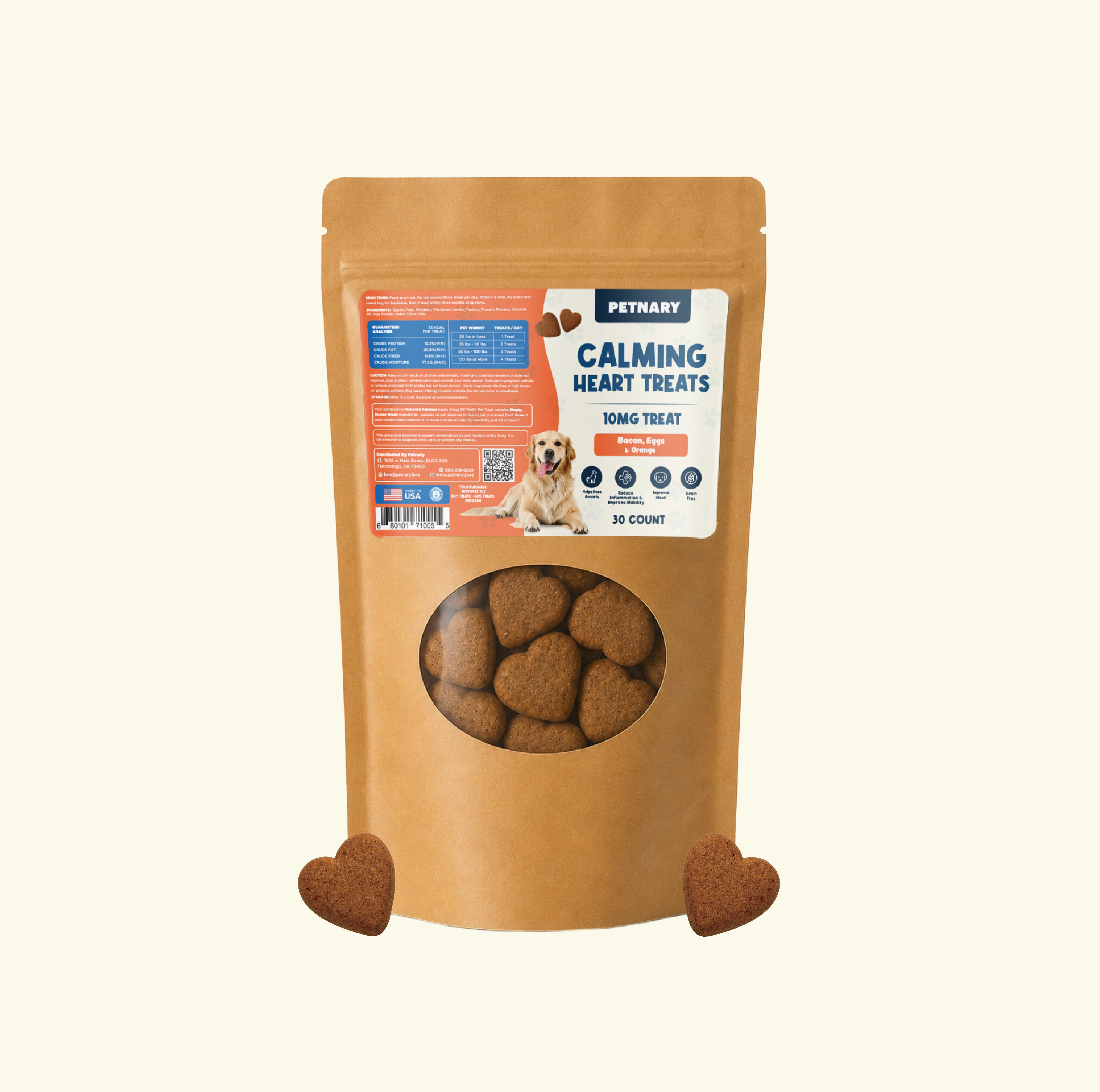 Petnary Calming Heart Treats | Bacon, Egg & Orange Flavor