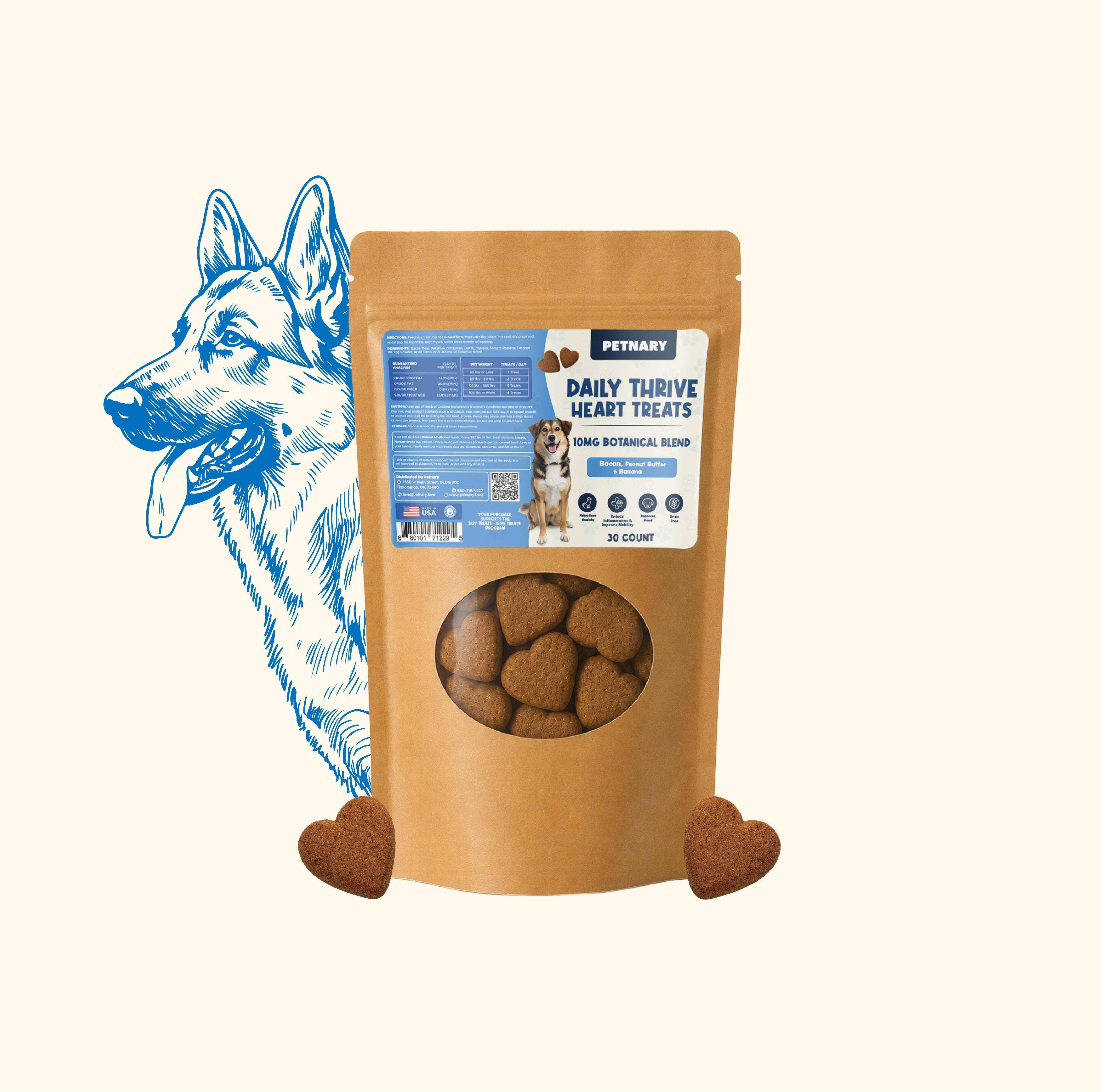 Petnary Daily Thrive Heart Treats | Bacon, Peanut Butter & Banana Flavor