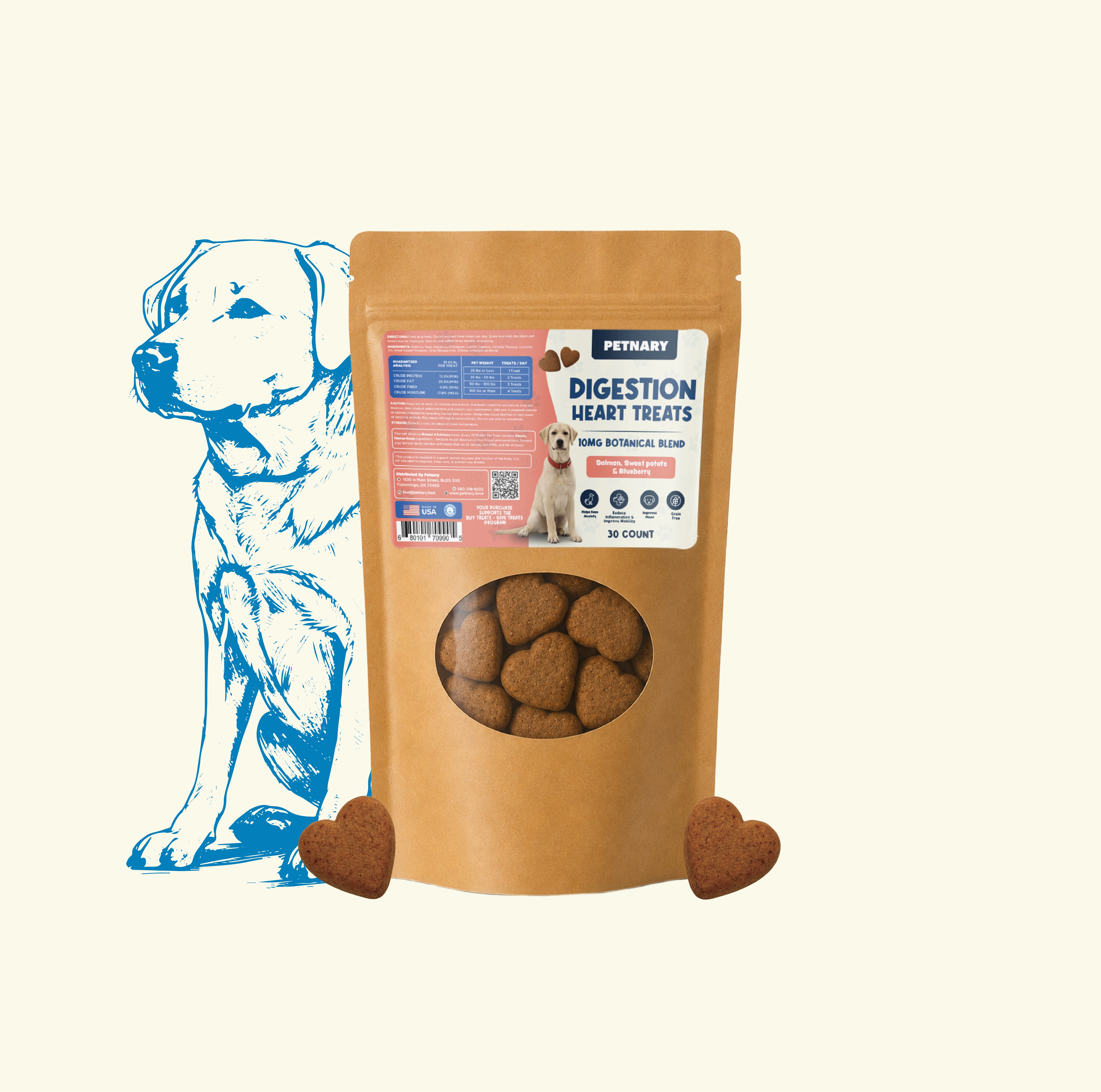Petnary Digestion Heart Treats | Salmon, Sweet Potato & Blueberry Flavor